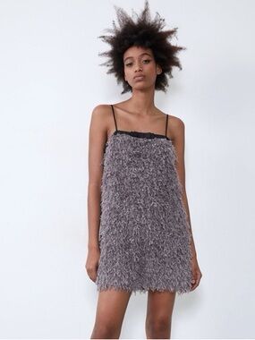 Zara Grey Lilac Faux Feather Mini Dress